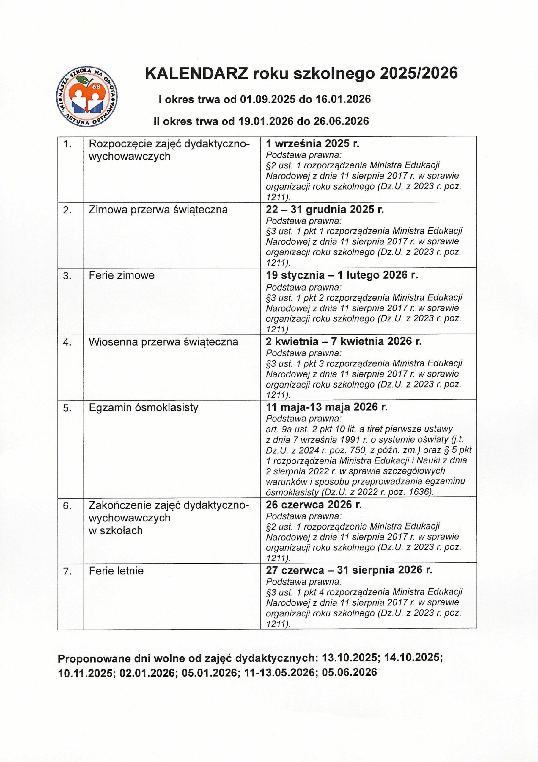 Kalendarz roku szkolnego